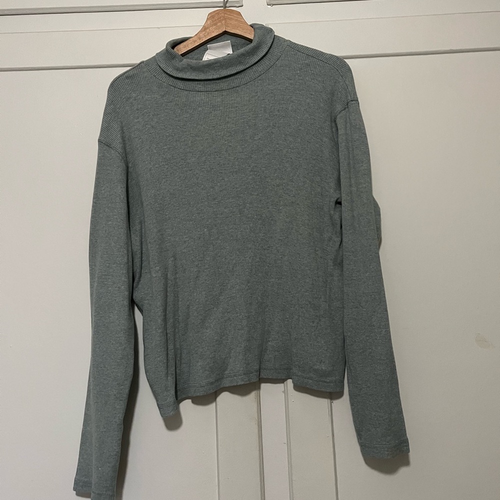 Laura Ashley Gray Ribbed Turtleneck Long Sleeve Top Size Large L 100% Cotton